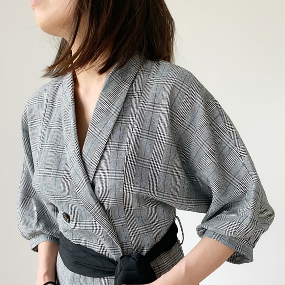 PLAID BELTED TRF BLAZER TOP - Picture 7 of 8